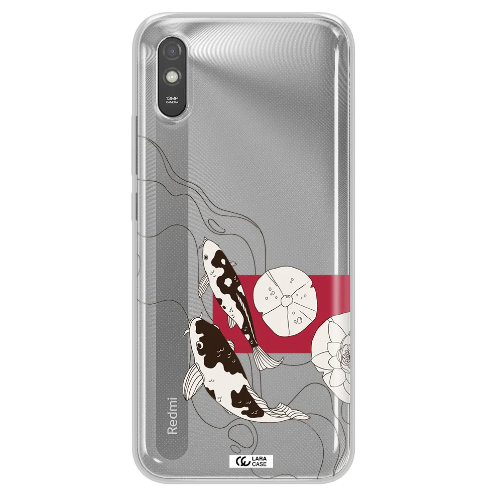 a black and white illustration of fish and flowers Xiaomi Redmi 9A Clear TPU Case