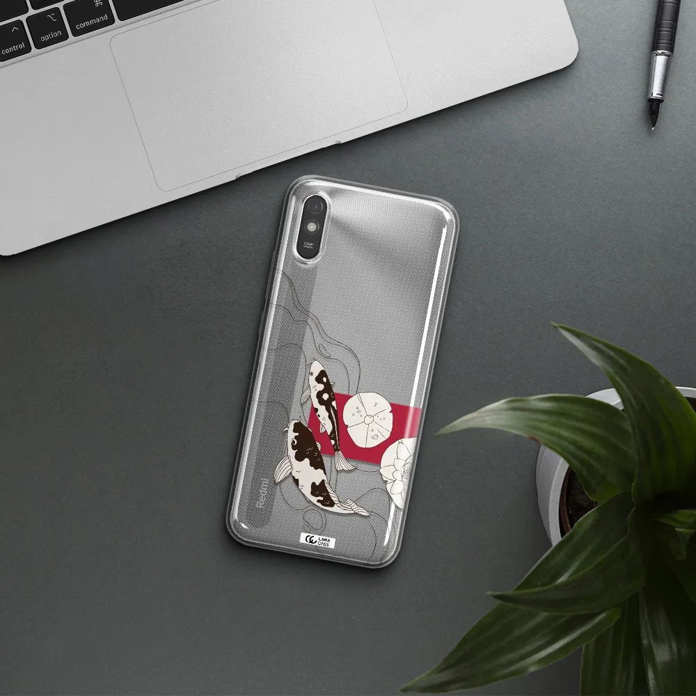 a black and white illustration of fish and flowers Xiaomi Redmi 9A Clear TPU Case
