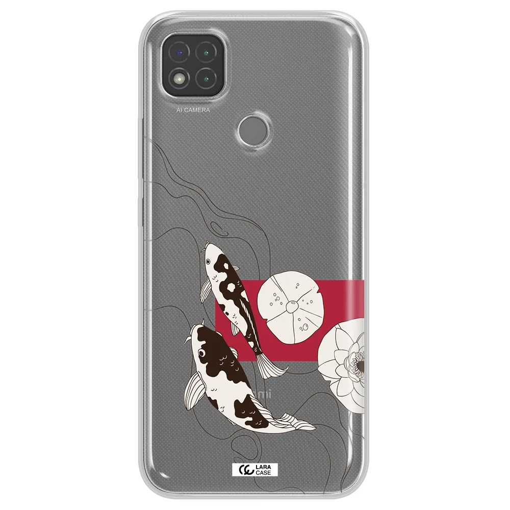 a black and white illustration of fish and flowers Xiaomi Redmi 9C Clear TPU Case