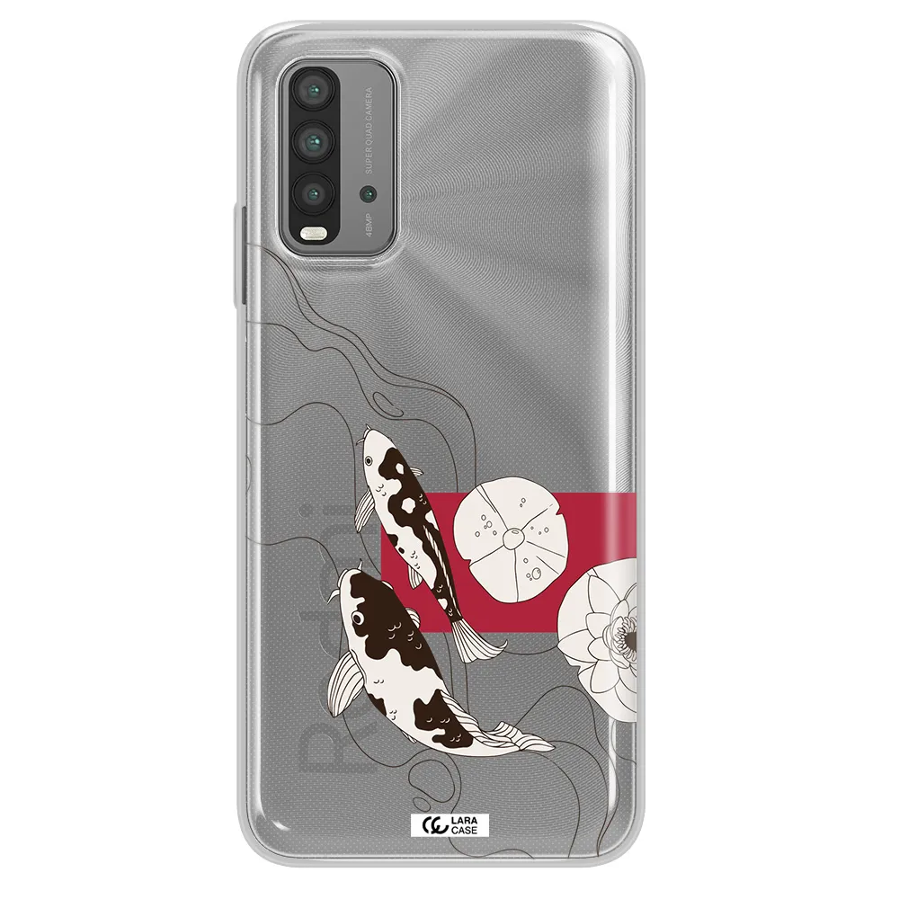 a black and white illustration of fish and flowers Xiaomi Redmi 9T Clear TPU Case