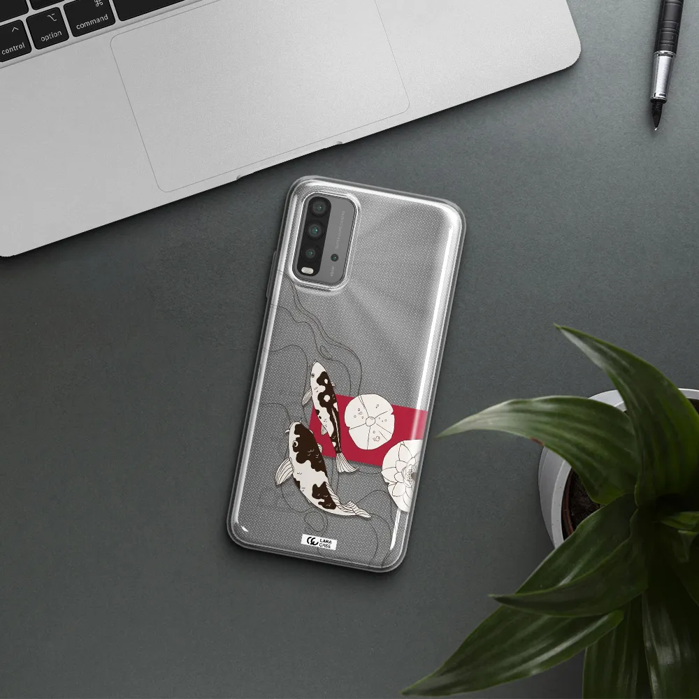 a black and white illustration of fish and flowers Xiaomi Redmi 9T Clear TPU Case