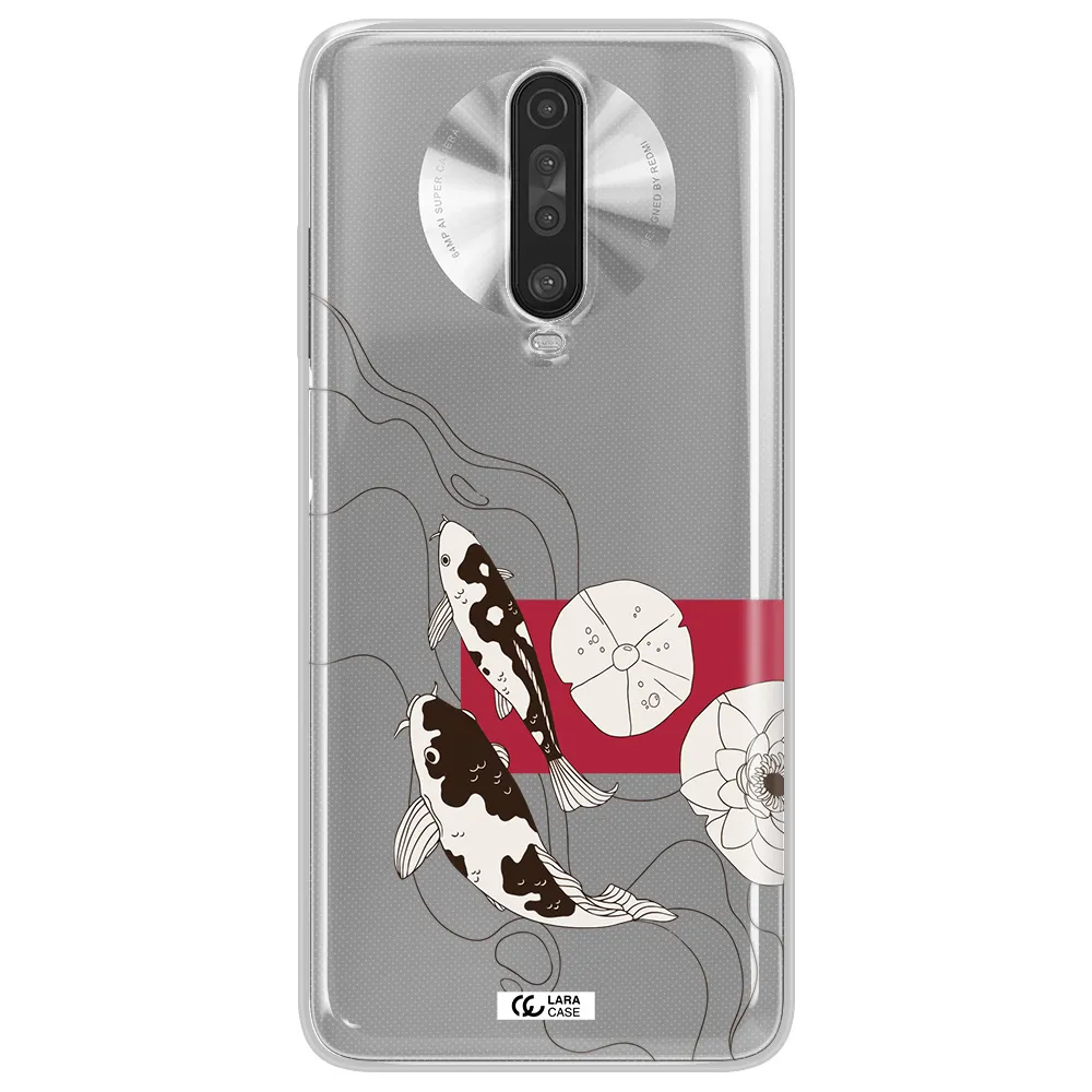 a black and white illustration of fish and flowers Xiaomi Redmi K30 Clear TPU Case