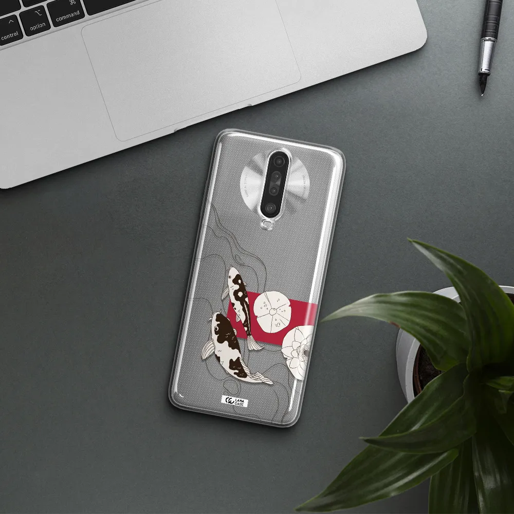 a black and white illustration of fish and flowers Xiaomi Redmi K30 Clear TPU Case