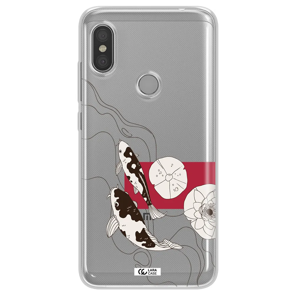 a black and white illustration of fish and flowers Xiaomi Redmi Note 6 Pro Clear TPU Case