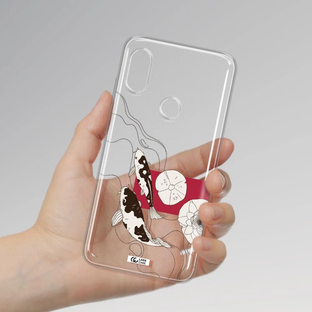 a black and white illustration of fish and flowers Xiaomi Redmi Note 6 Pro Clear TPU Case
