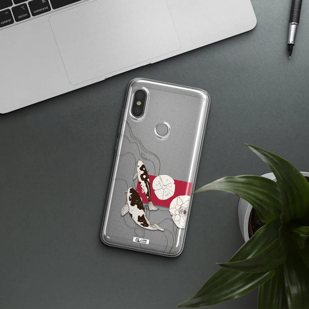 a black and white illustration of fish and flowers Xiaomi Redmi Note 6 Pro Clear TPU Case