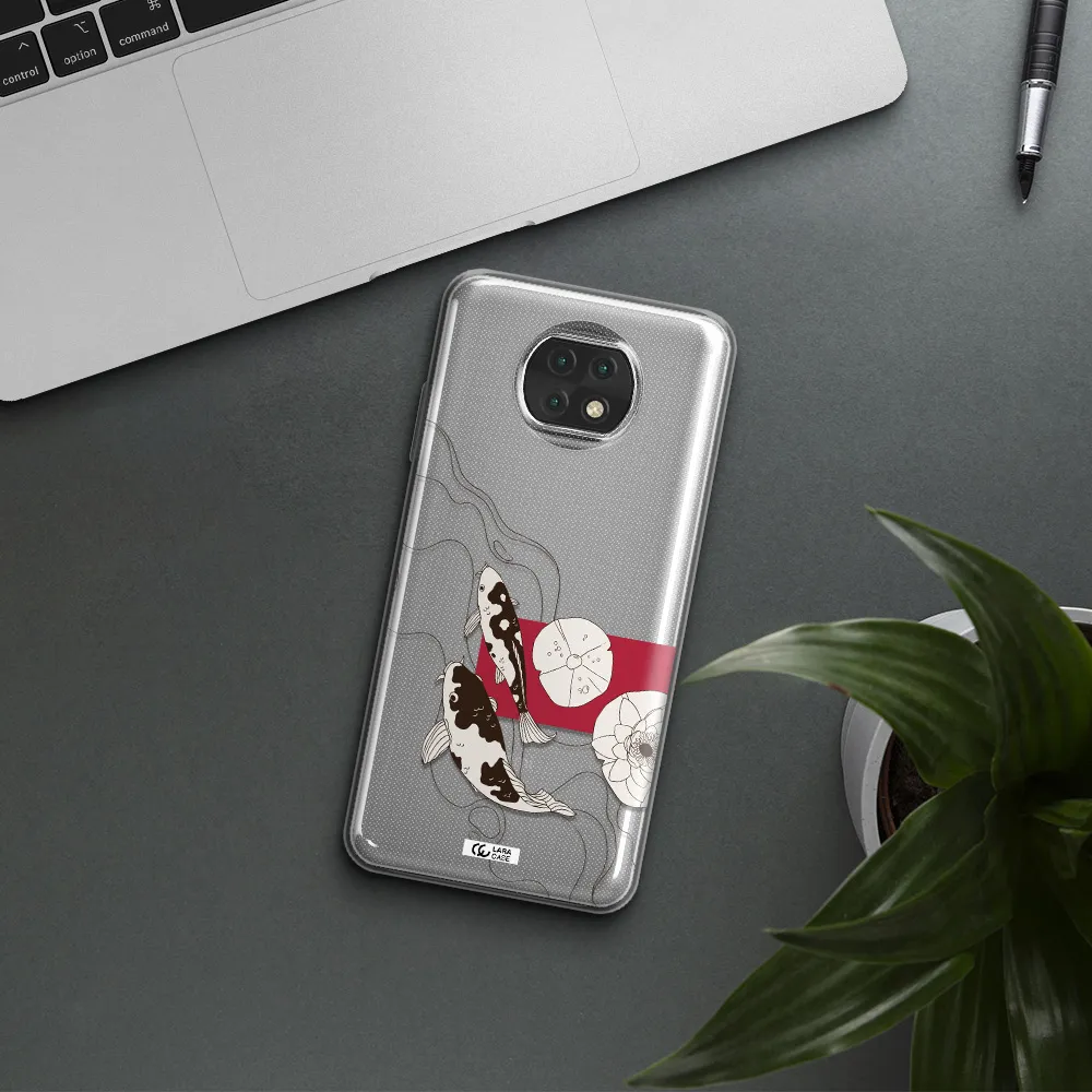 A Black And White Illustration Of Fish And Flowers Xiaomi Redmi Note 9T Clear Tpu Case