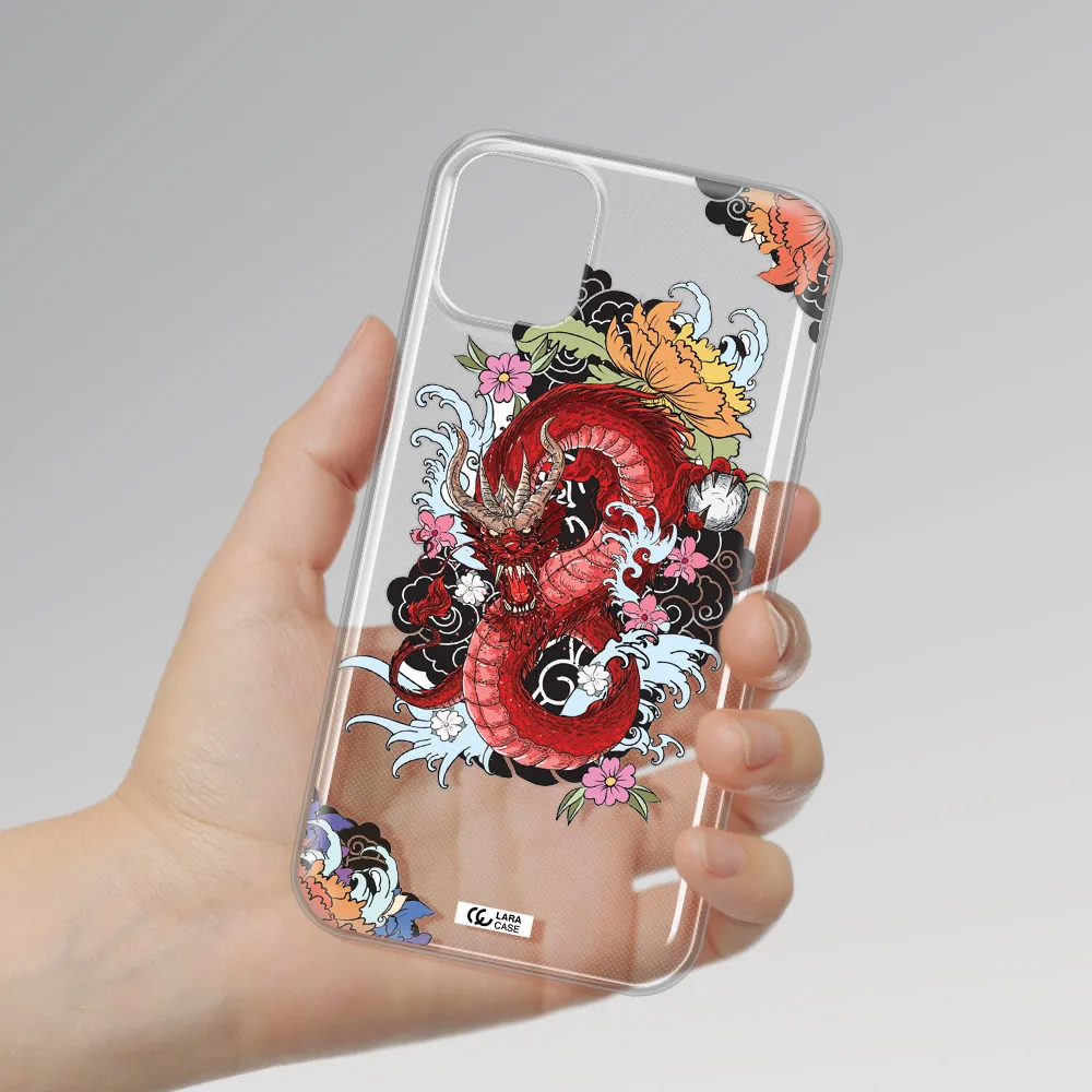 a red dragon with flowers and clouds Apple iPhone 11 Clear TPU Case