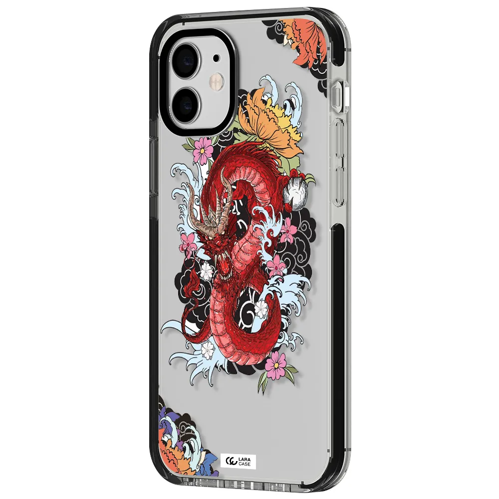 a red dragon with flowers and clouds Apple iPhone 11 impact black border Case