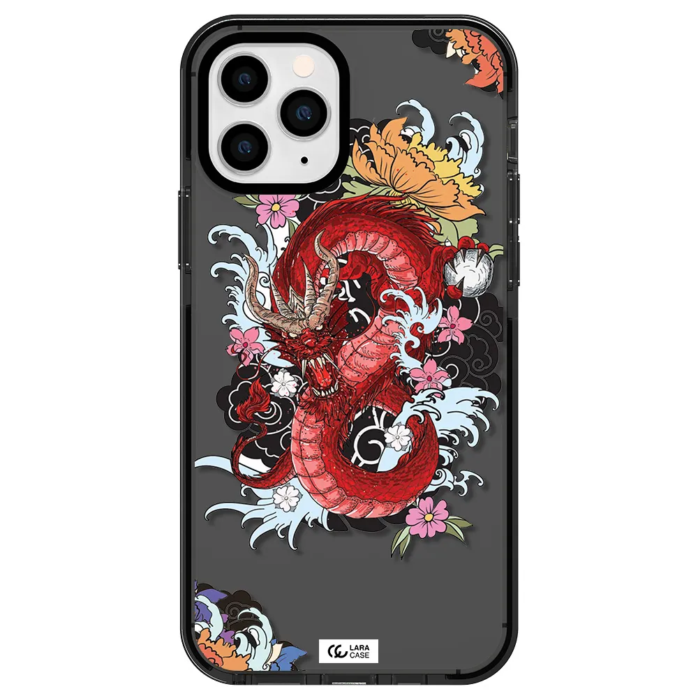 a red dragon with flowers and clouds Apple iPhone 11 pro impact Smoke Black Case