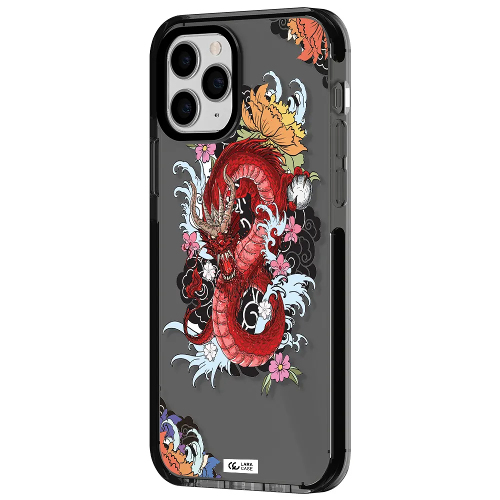 a red dragon with flowers and clouds Apple iPhone 11 pro impact Smoke Black Case
