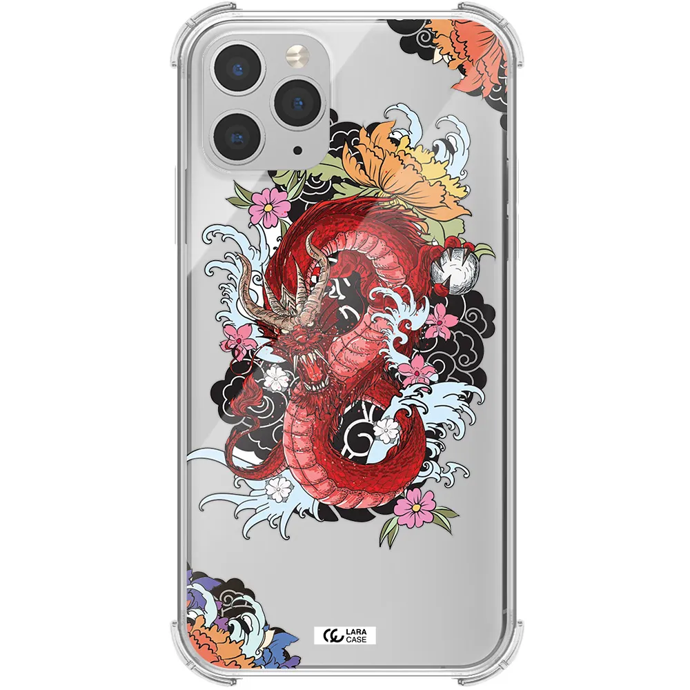 a red dragon with flowers and clouds Apple iPhone 11 pro max Clear PC Case