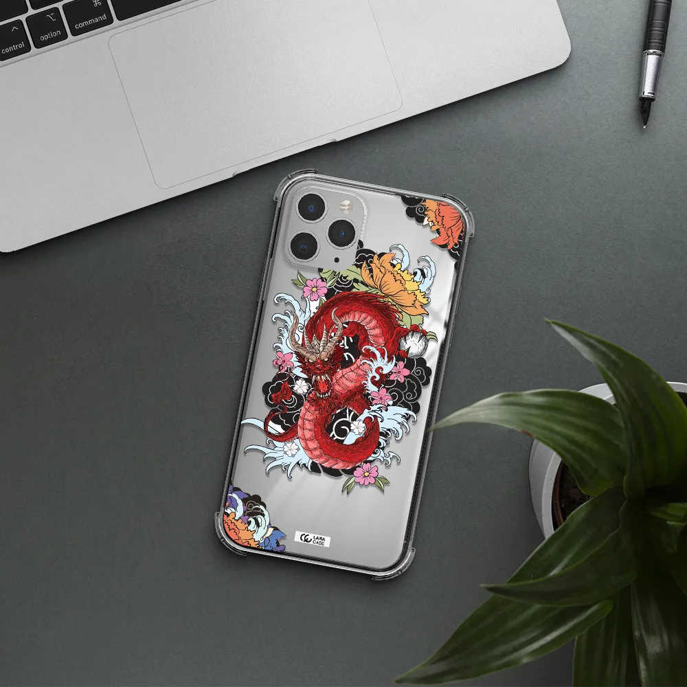 a red dragon with flowers and clouds Apple iPhone 11 pro max Clear PC Case