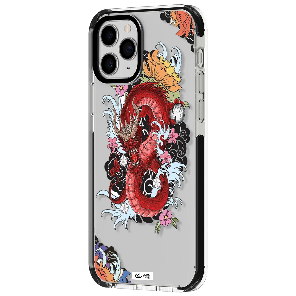 a red dragon with flowers and clouds Apple iPhone 11 pro max impact black border Case