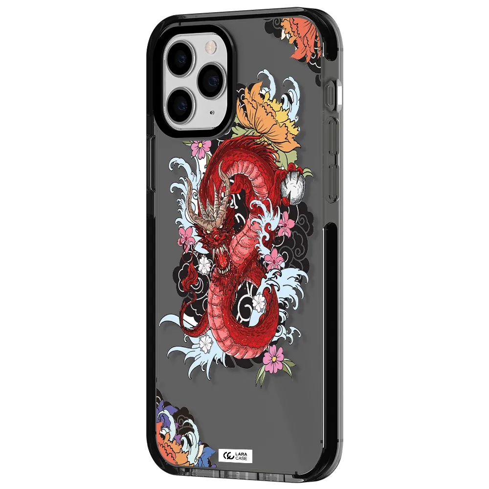 a red dragon with flowers and clouds Apple iPhone 11 pro max impact Smoke Black Case