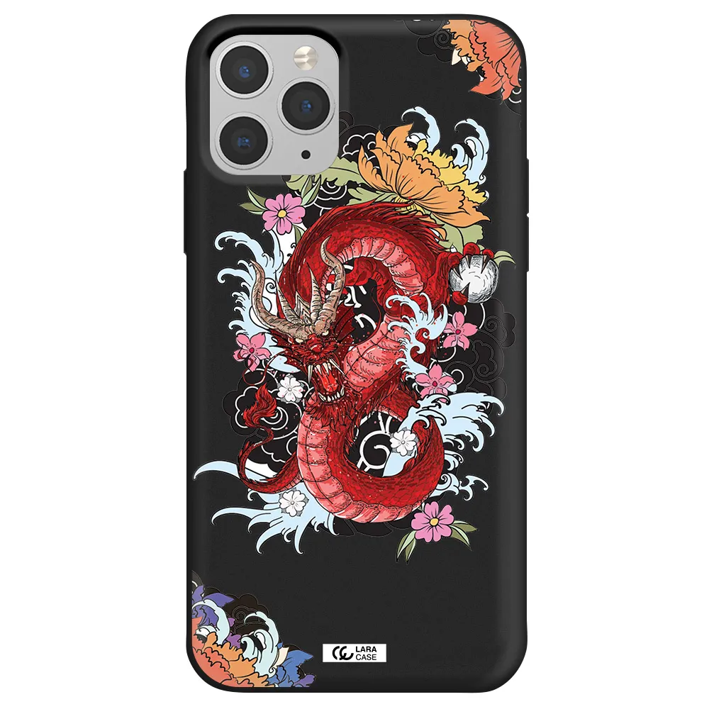 a red dragon with flowers and clouds Apple iPhone 11 pro max Silicone black Case