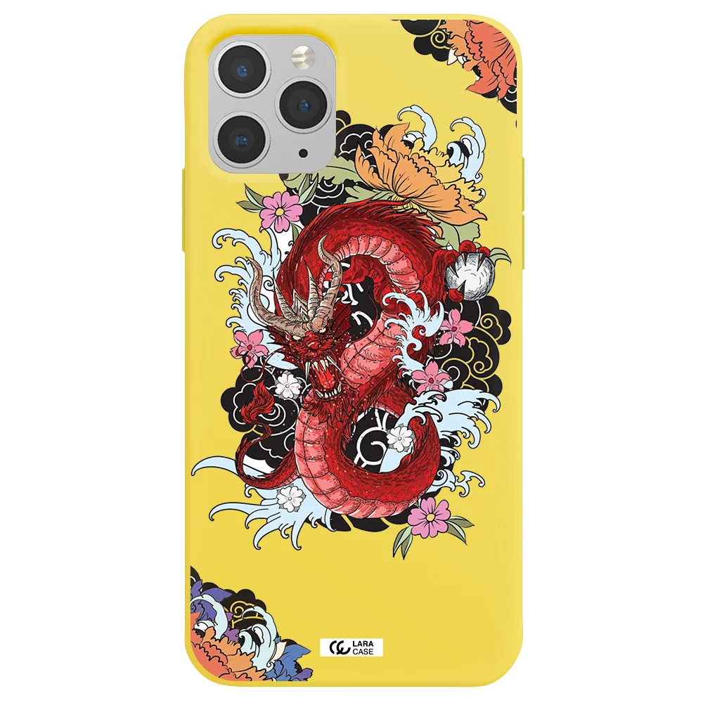 a red dragon with flowers and clouds Apple iPhone 11 pro max Silicone canary yellow Case