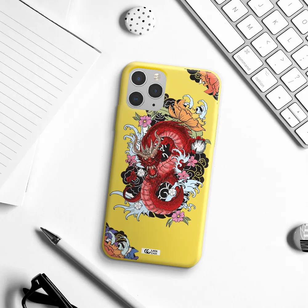 a red dragon with flowers and clouds Apple iPhone 11 pro max Silicone canary yellow Case