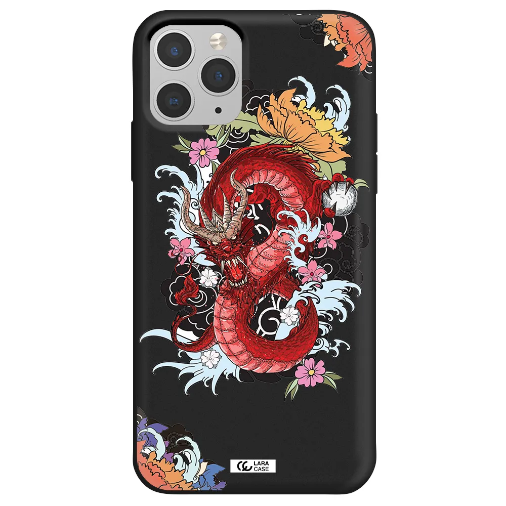 a red dragon with flowers and clouds Apple iPhone 11 pro Silicone black Case