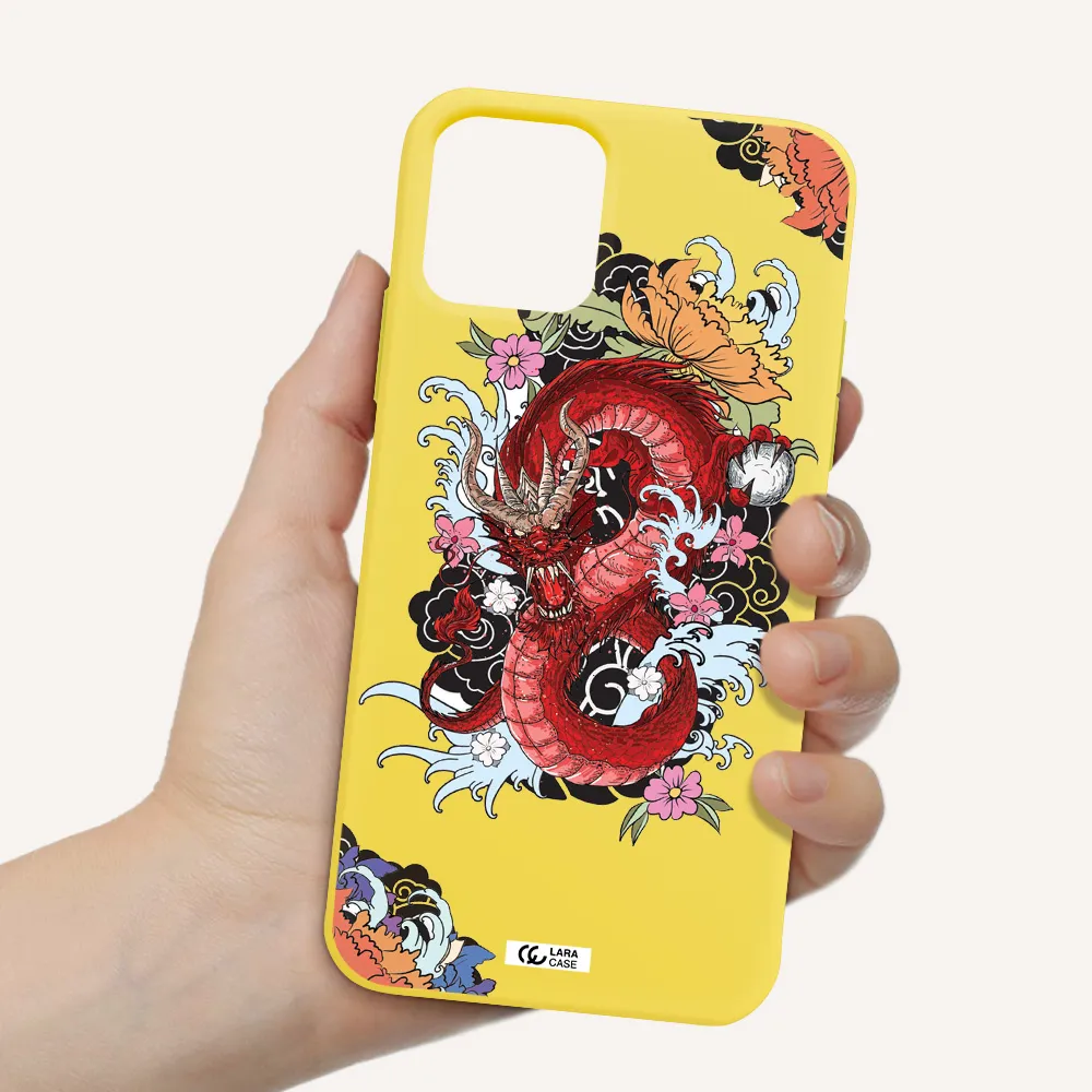 a red dragon with flowers and clouds Apple iPhone 11 pro Silicone canary yellow Case
