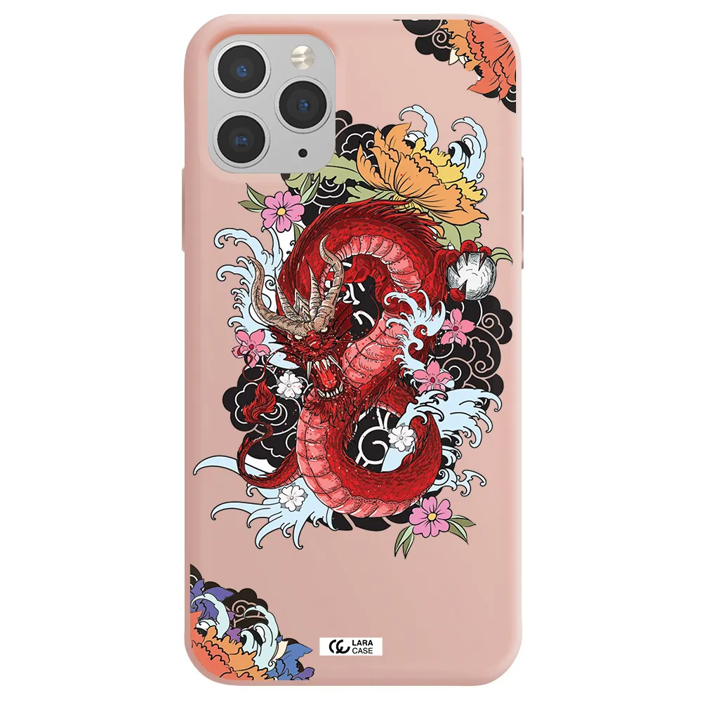 a red dragon with flowers and clouds Apple iPhone 11 pro Silicone pastel pink Case