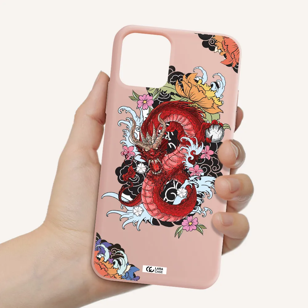 a red dragon with flowers and clouds Apple iPhone 11 pro Silicone pastel pink Case