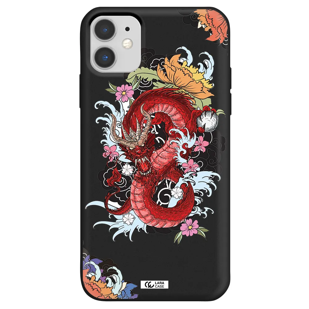 a red dragon with flowers and clouds Apple iPhone 11 Silicone black Case