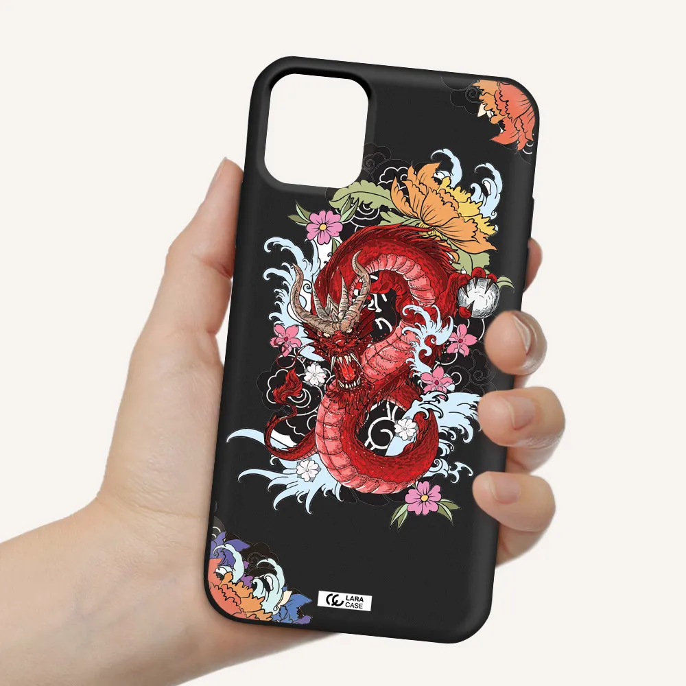 a red dragon with flowers and clouds Apple iPhone 11 Silicone black Case