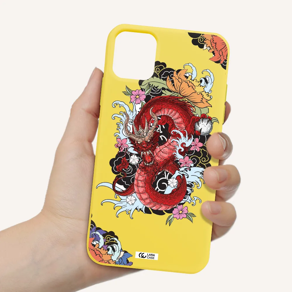 a red dragon with flowers and clouds Apple iPhone 11 Silicone canary yellow Case