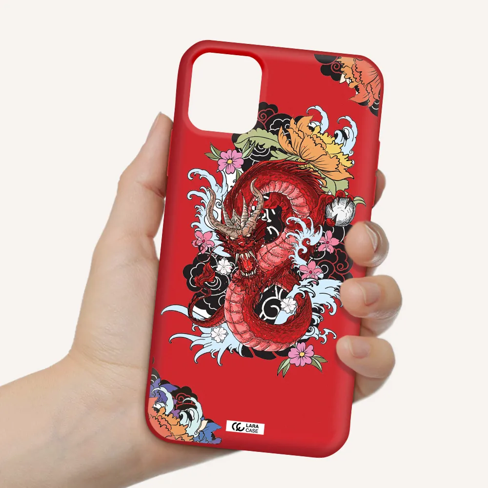 a red dragon with flowers and clouds Apple iPhone 11 Silicone Imperial Red Case