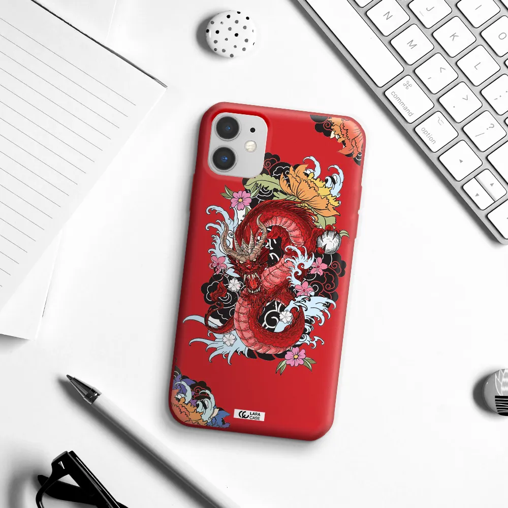 a red dragon with flowers and clouds Apple iPhone 11 Silicone Imperial Red Case
