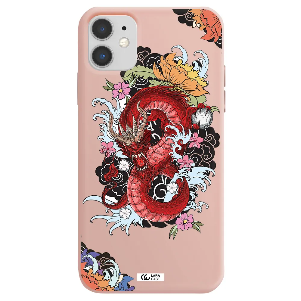 a red dragon with flowers and clouds Apple iPhone 11 Silicone pastel pink Case