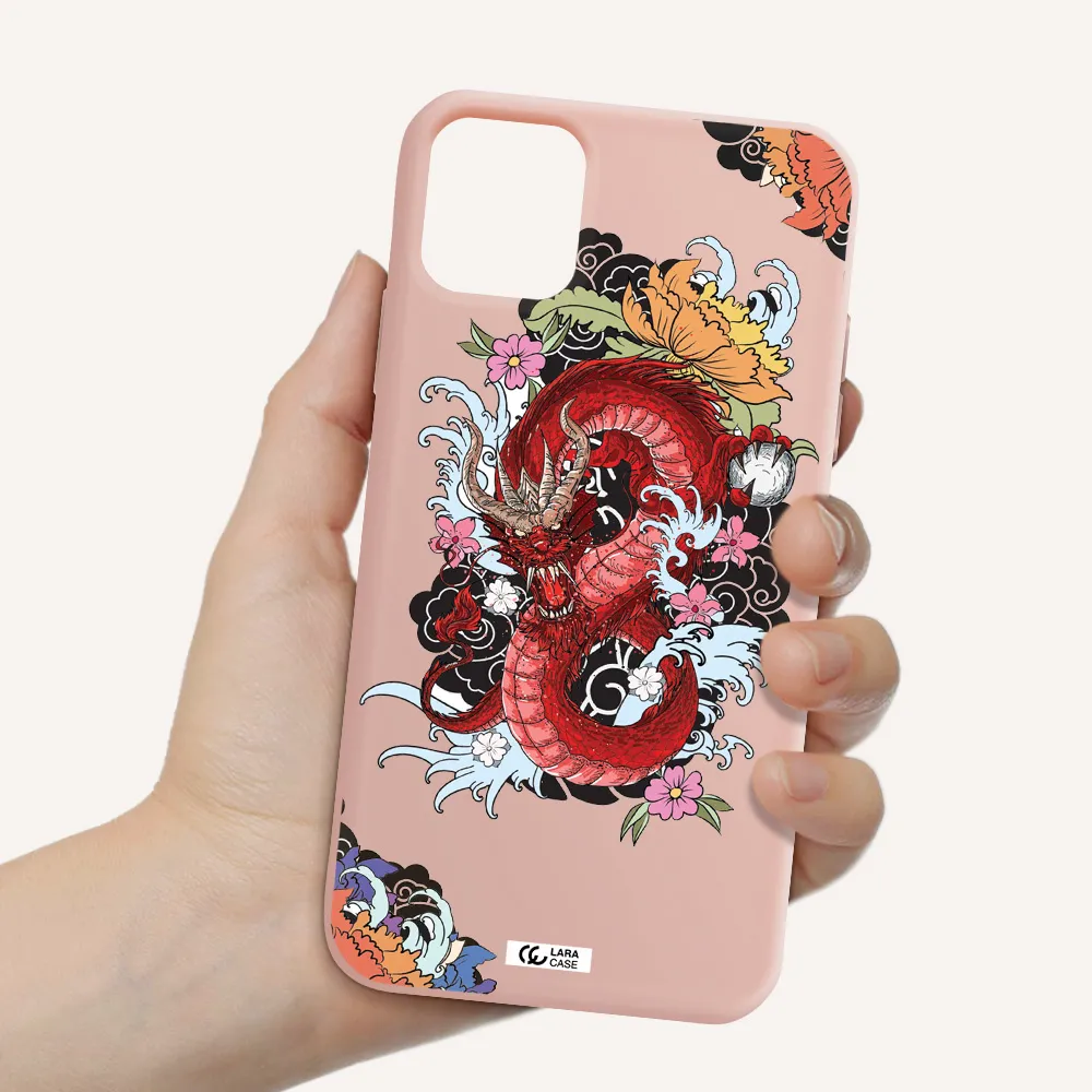 a red dragon with flowers and clouds Apple iPhone 11 Silicone pastel pink Case