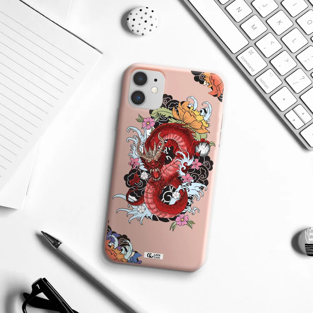 a red dragon with flowers and clouds Apple iPhone 11 Silicone pastel pink Case