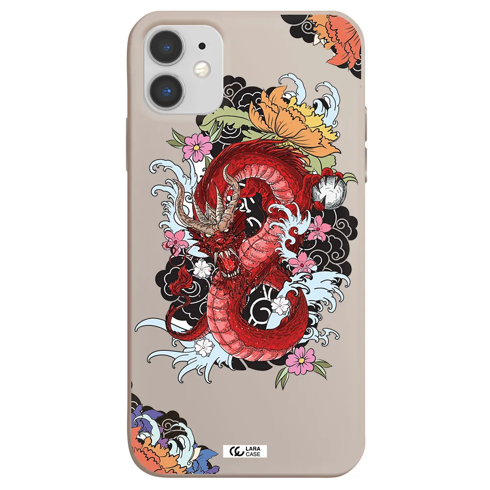 a red dragon with flowers and clouds Apple iPhone 11 Silicone Stone Case