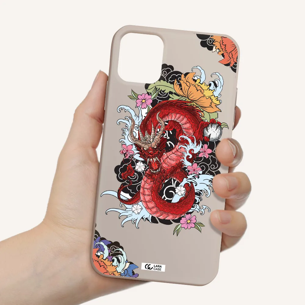 a red dragon with flowers and clouds Apple iPhone 11 Silicone Stone Case