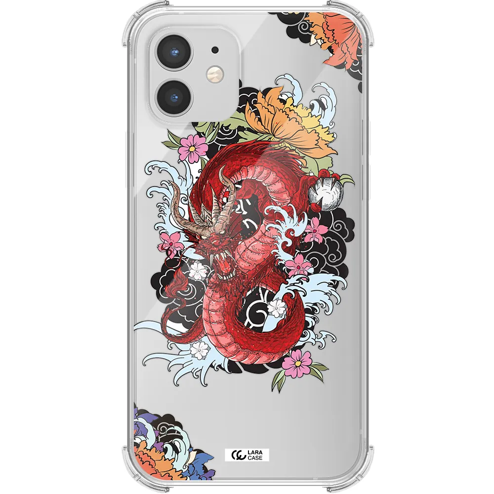 a red dragon with flowers and clouds Apple iPhone 12 Clear PC Case