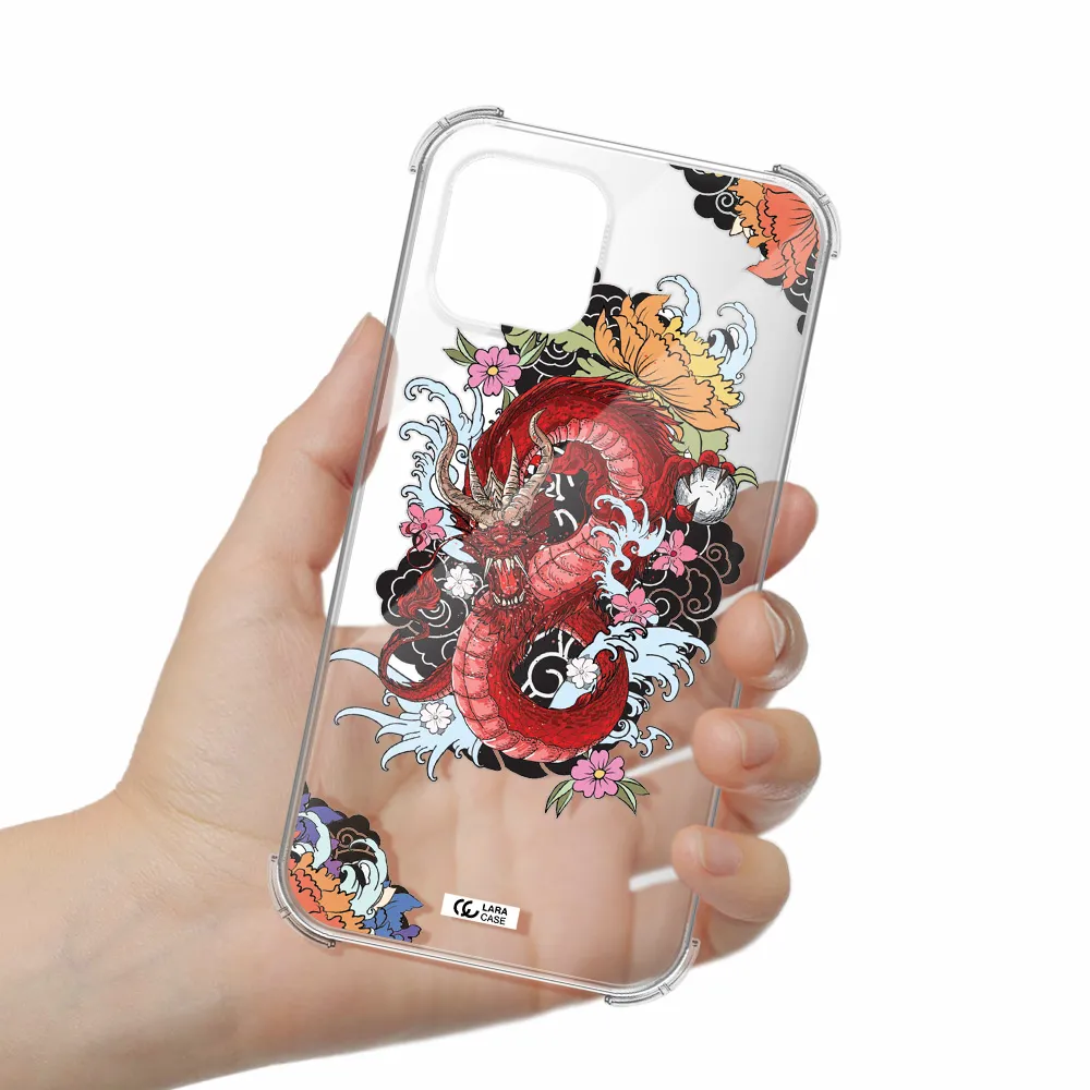a red dragon with flowers and clouds Apple iPhone 12 Clear PC Case