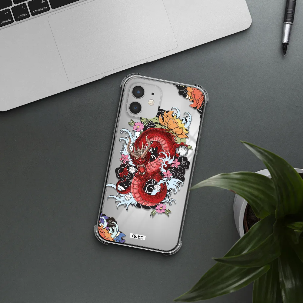 a red dragon with flowers and clouds Apple iPhone 12 Clear PC Case