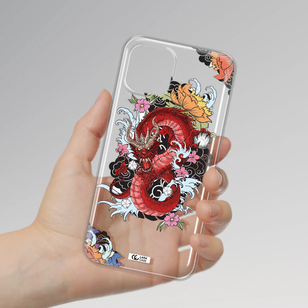 a red dragon with flowers and clouds Apple iPhone 12 Clear TPU Case