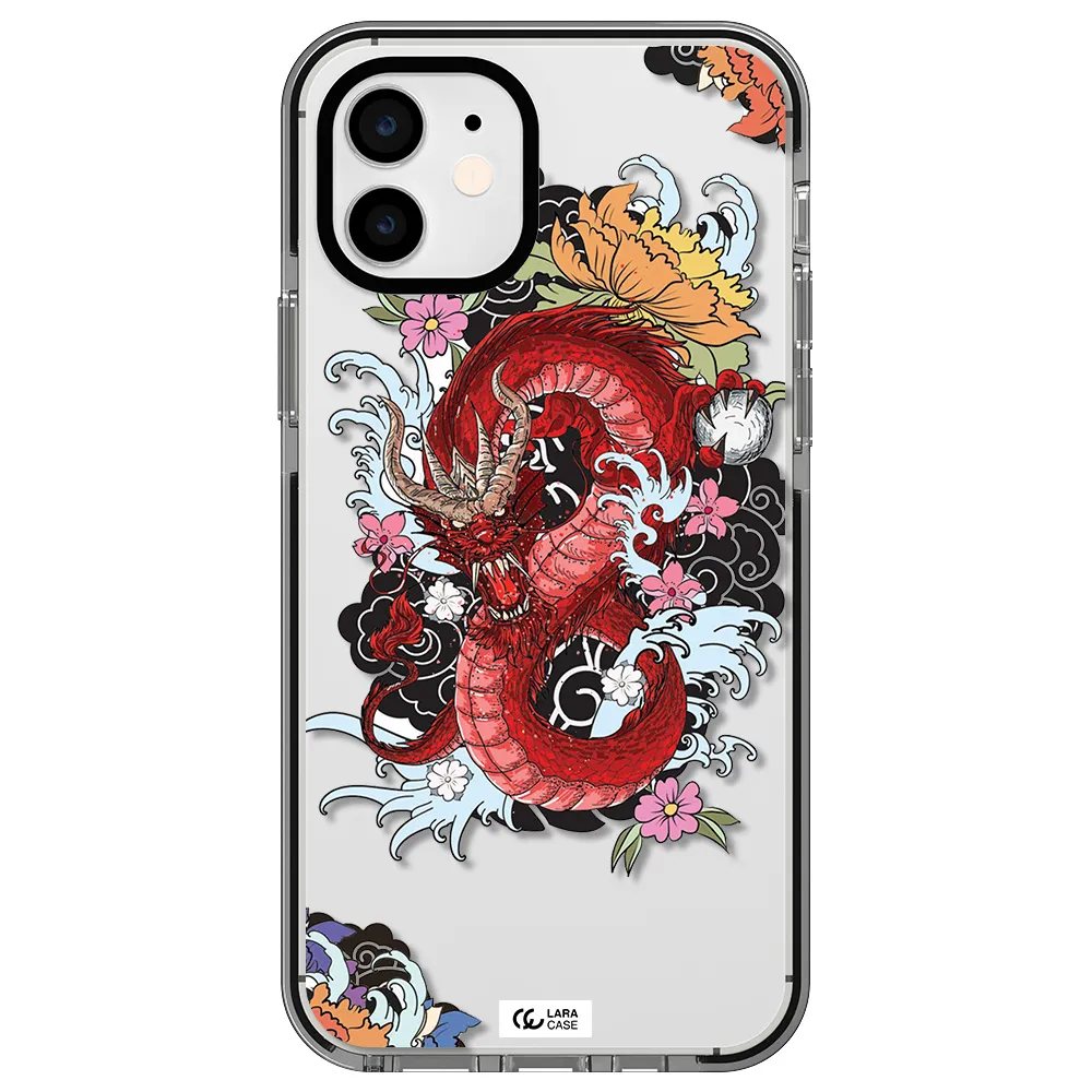 a red dragon with flowers and clouds Apple iPhone 12 impact black border Case