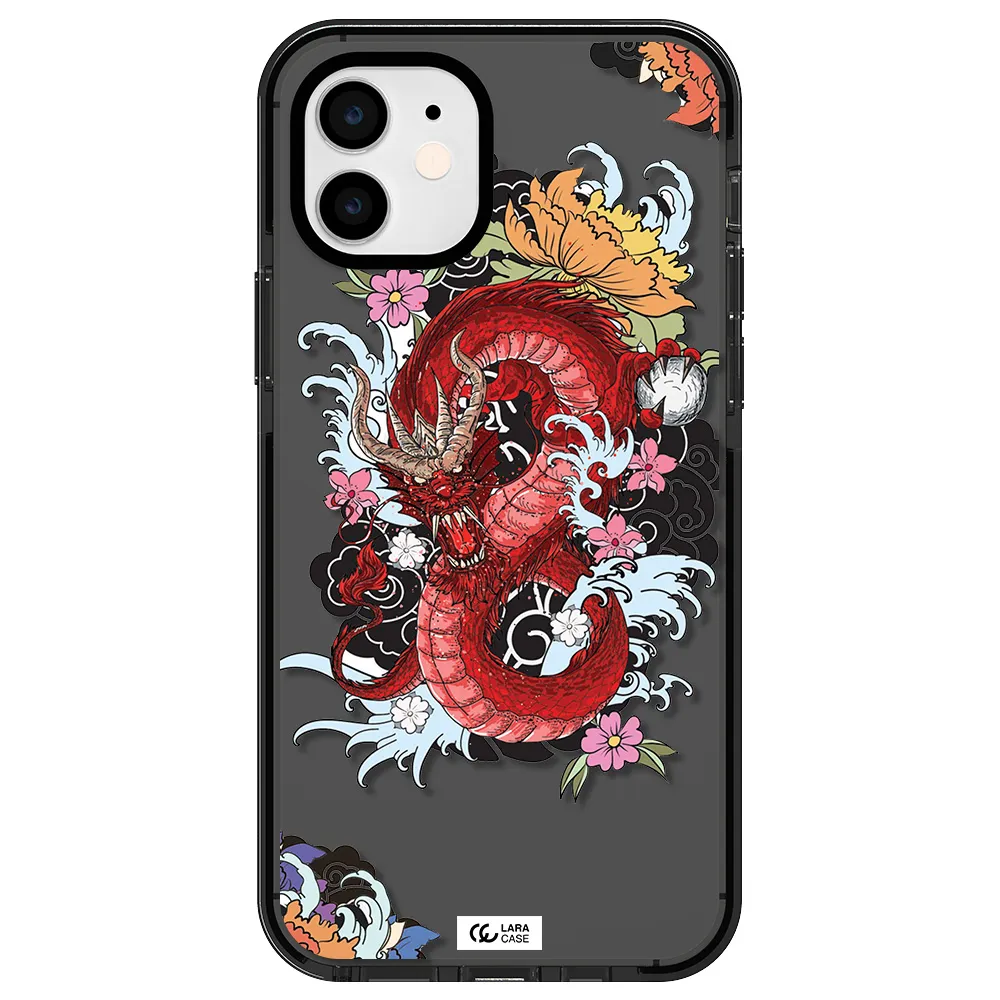 a red dragon with flowers and clouds Apple iPhone 12 impact Smoke Black Case