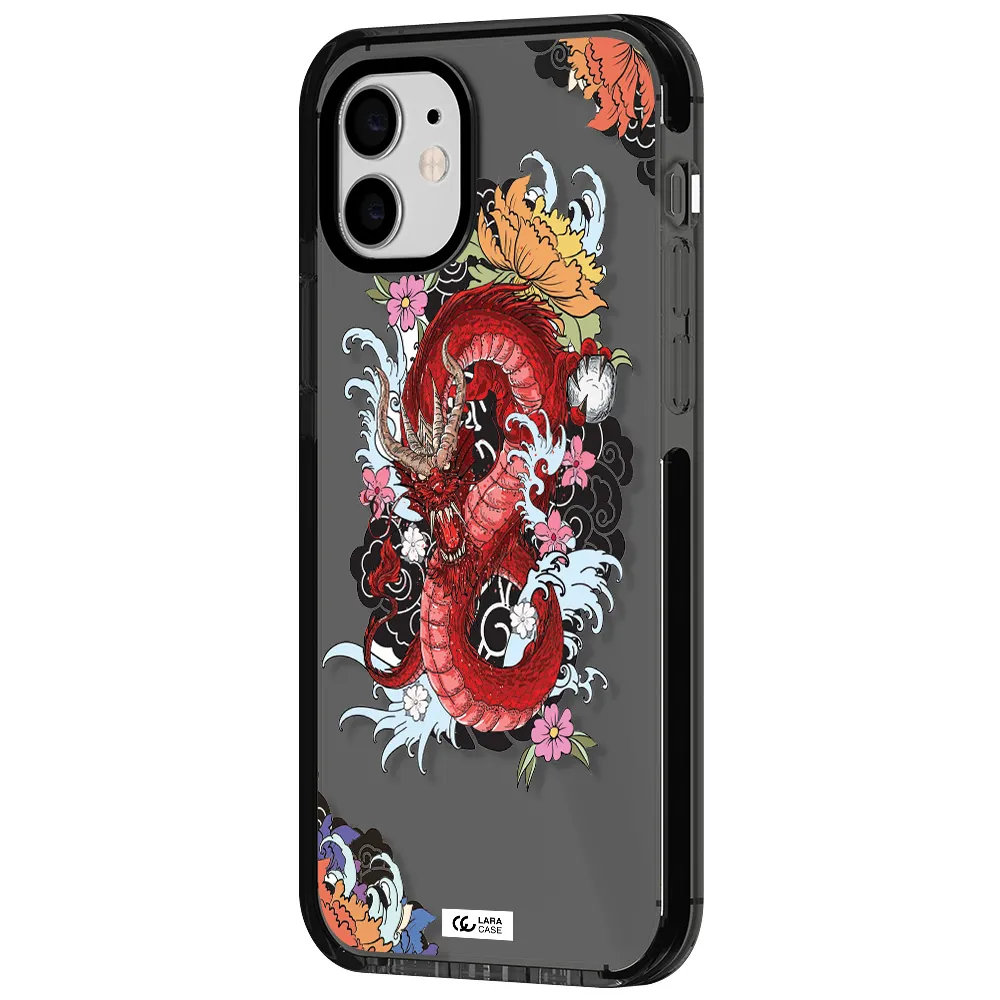 a red dragon with flowers and clouds Apple iPhone 12 impact Smoke Black Case