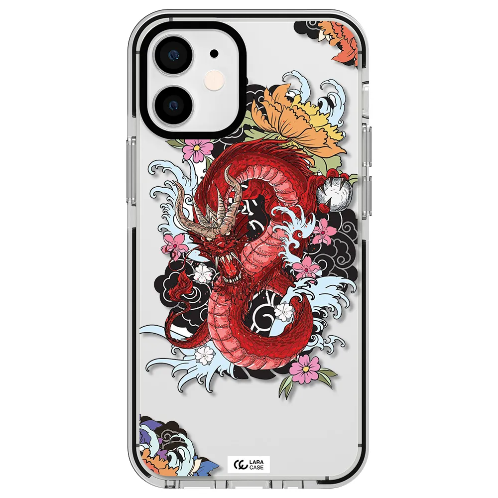 a red dragon with flowers and clouds Apple iPhone 12 mini impact black border Case