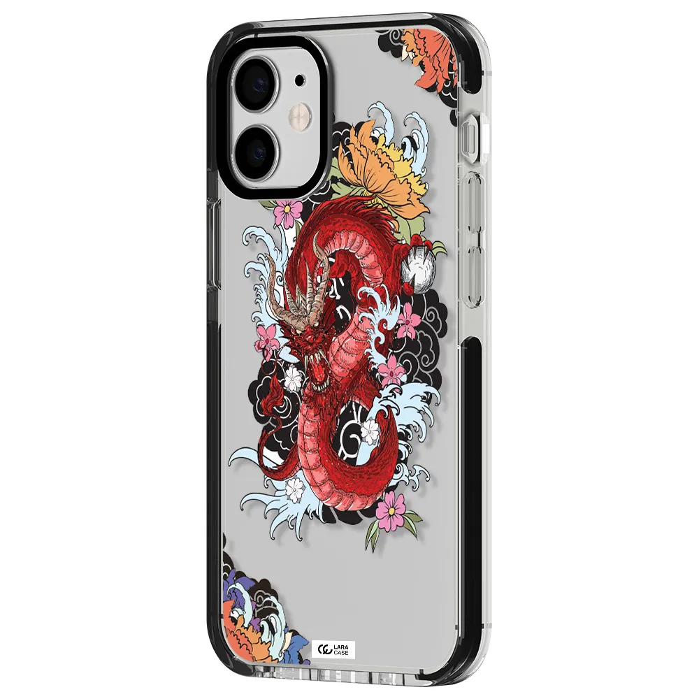 a red dragon with flowers and clouds Apple iPhone 12 mini impact black border Case