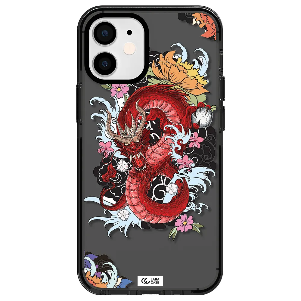 a red dragon with flowers and clouds Apple iPhone 12 mini impact Smoke Black Case