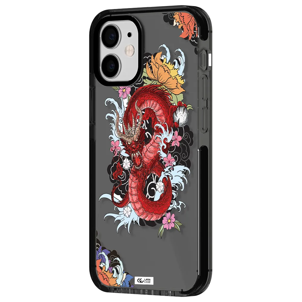 a red dragon with flowers and clouds Apple iPhone 12 mini impact Smoke Black Case