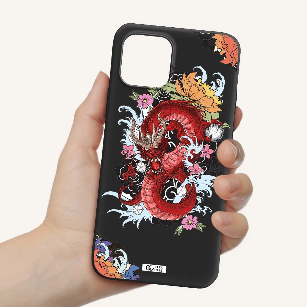 a red dragon with flowers and clouds Apple iPhone 12 mini Silicone black Case