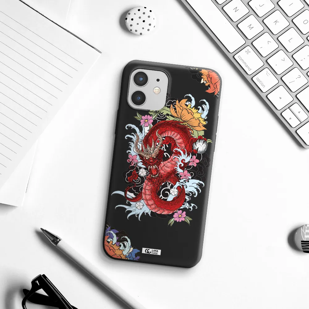 a red dragon with flowers and clouds Apple iPhone 12 mini Silicone black Case