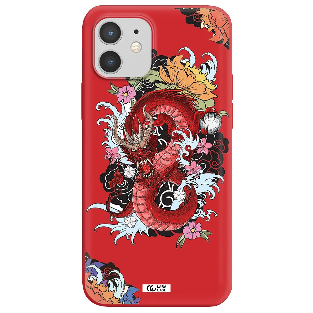 a red dragon with flowers and clouds Apple iPhone 12 mini Silicone Imperial Red Case